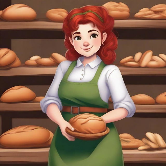 A realistic style female gnome Druid baker with green eyes, a rosy complexion, very large breasts, pudgy body, and red curly hair pulled back into a messy bun