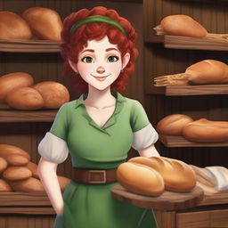 A realistic style female gnome Druid baker with green eyes, a rosy complexion, very large breasts, pudgy body, and red curly hair pulled back into a messy bun