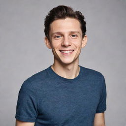 A high-quality, professional portrait of actor Tom Holland, smiling and casually dressed, set against a simple, unobtrusive background.