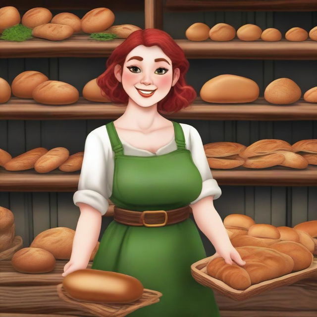 A realistic style female gnome Druid baker with green eyes, a rosy complexion, very large breasts, short and fat body, and red curly hair pinned up