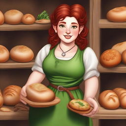 A realistic style female gnome Druid baker with green eyes, a rosy complexion, very large breasts, short and fat body, and red curly hair pinned up