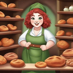 A realistic style female gnome Druid baker with green eyes, a rosy complexion, very large breasts, short and fat body, and red curly hair pinned up