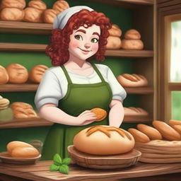A realistic style female gnome Druid baker with green eyes, a rosy complexion, very large breasts, short and fat body, and red curly hair pinned up