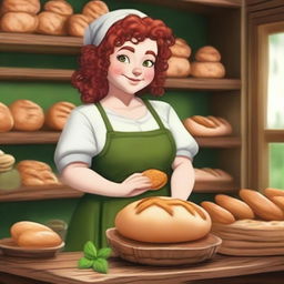 A realistic style female gnome Druid baker with green eyes, a rosy complexion, very large breasts, short and fat body, and red curly hair pinned up