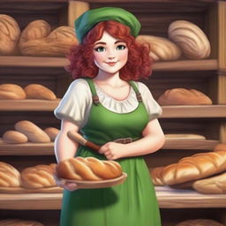 A realistic style female gnome Druid with green eyes, a rosy complexion, very large breasts, short and fat body, and red curly hair pinned up