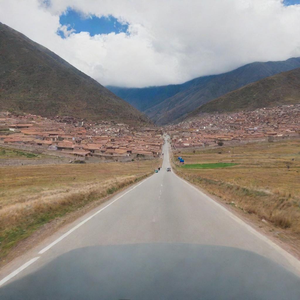 A rear view photo taken from inside a car, leaving the city of Cusco and heading towards a remote village during a trip.