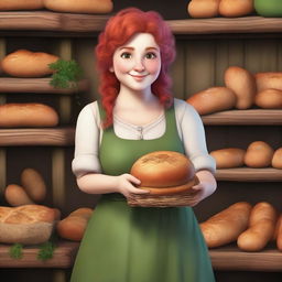 A realistic style female gnome Druid with green eyes, a rosy complexion, very large breasts, short and fat body, and red curly hair pinned up