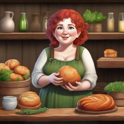 A realistic style female gnome Druid with green eyes, a rosy complexion, very large breasts, short and fat body, and red curly hair pinned up