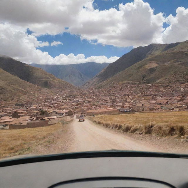 A rear view photo taken from inside a car, leaving the city of Cusco and heading towards a remote village during a trip.