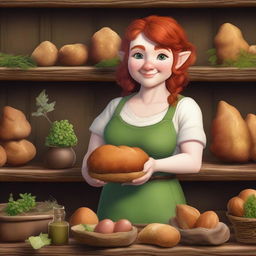 A realistic style female gnome Druid with green eyes, a rosy complexion, very large breasts, short and fat body, and red curly hair pinned up