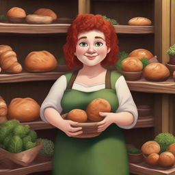 A realistic style female gnome Druid with green eyes, a rosy complexion, very large breasts, short and fat body, and red curly hair pinned up