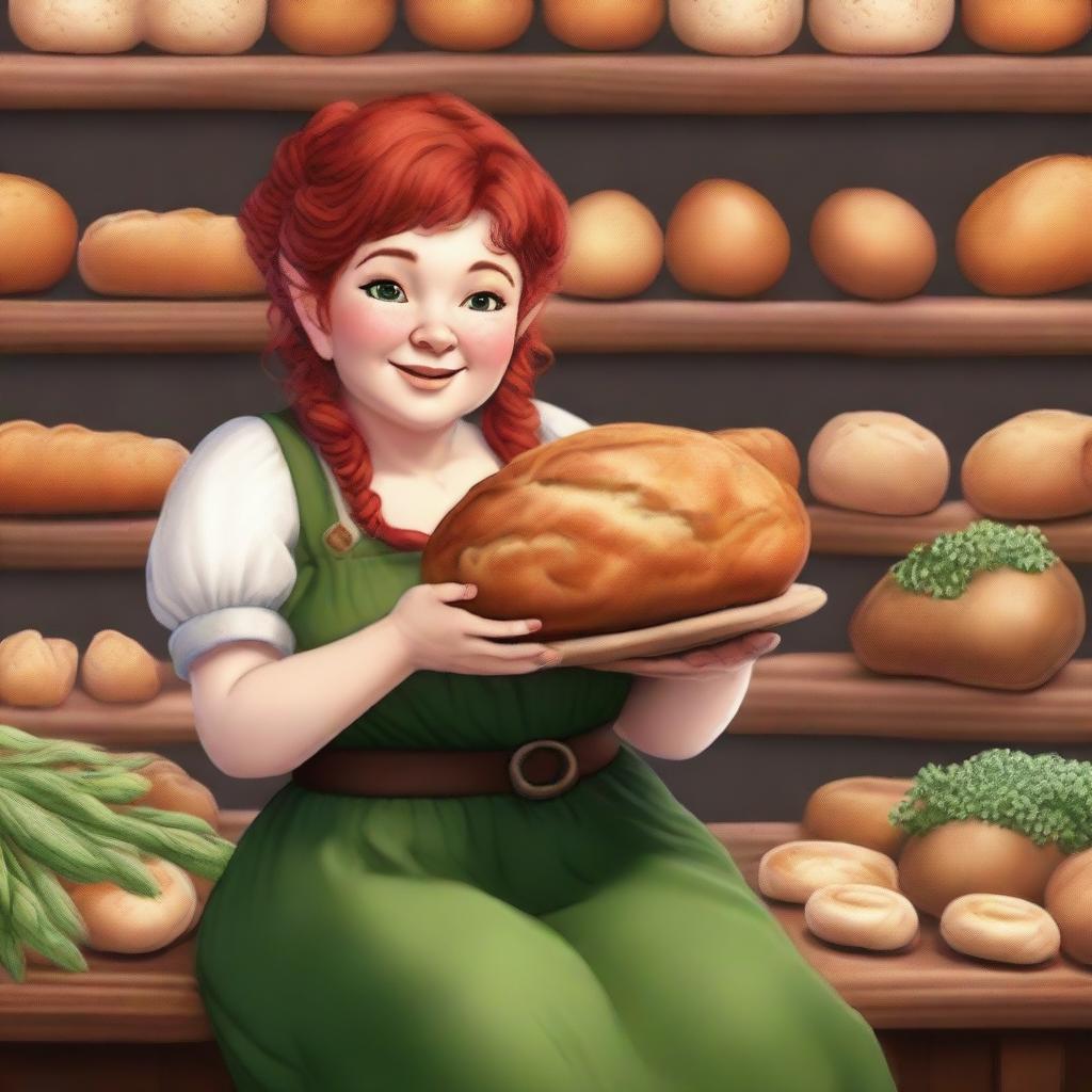 A realistic style female gnome Druid with green eyes, a rosy complexion, very large breasts, short and fat body, and red curly hair pinned up