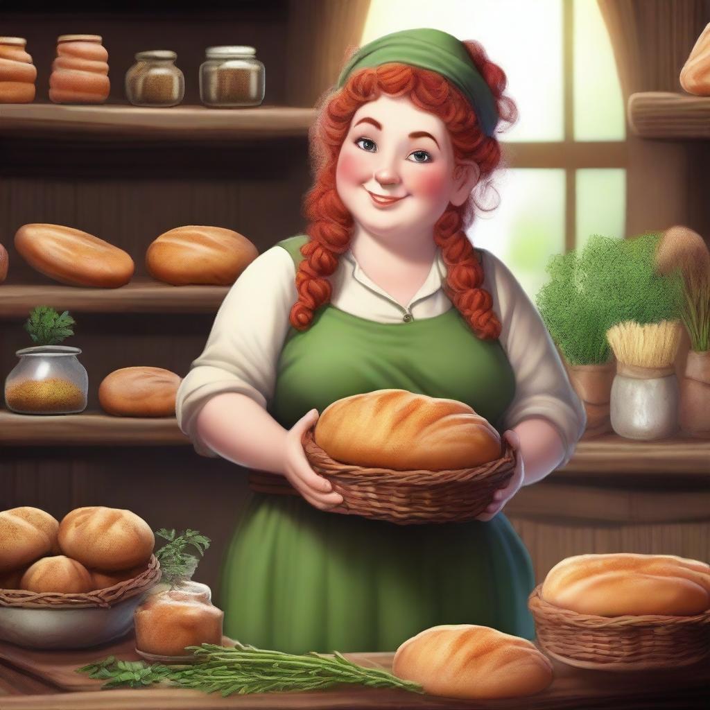 A realistic style female gnome Druid with green eyes, a rosy complexion, very large breasts, short and fat body, and red curly hair pinned up