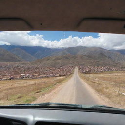 A rear view photo taken from inside a car, leaving the city of Cusco and heading towards a remote village during a trip.