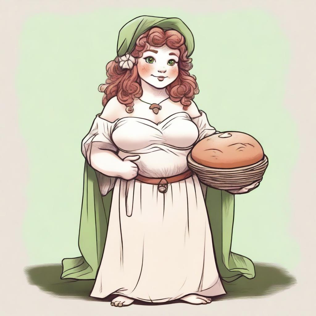 An ancient sketch style image of a female gnome Druid with green eyes, a rosy complexion, very large breasts, a short and fat body, and red curly hair pinned up