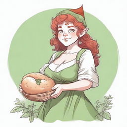 An ancient sketch style image of a female gnome Druid with green eyes, a rosy complexion, very large breasts, a short and fat body, and red curly hair pinned up