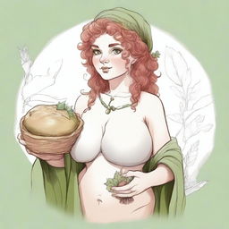 An ancient sketch style image of a female gnome Druid with green eyes, a rosy complexion, very large breasts, a short and fat body, and red curly hair pinned up