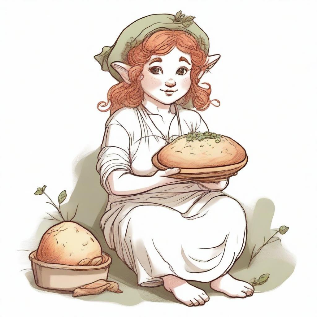 An ancient sketch style image of a female gnome Druid with green eyes, a rosy complexion, very large breasts, a short and fat body, and red curly hair pinned up