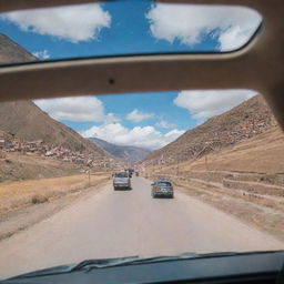 A rear view photo taken from inside a car, leaving the city of Cusco and heading towards a remote village during a trip.