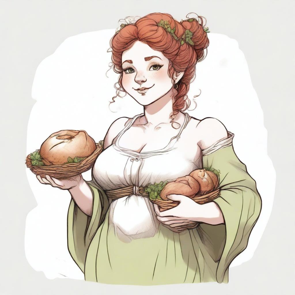 An ancient sketch style image of a female gnome Druid with green eyes, a rosy complexion, very large breasts, a short and fat body, and red curly hair pinned up