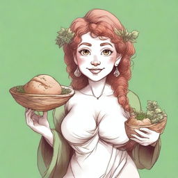 An ancient sketch style image of a female gnome Druid with green eyes, a rosy complexion, very large breasts, a short and fat body, and red curly hair pinned up