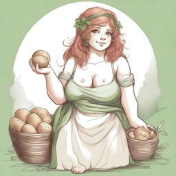 An ancient sketch style image of a female gnome Druid with green eyes, a rosy complexion, very large breasts, a short and fat body, and red curly hair pinned up