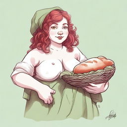 An ancient sketch style image of a female gnome Druid with green eyes, a rosy complexion, very large breasts, a short and fat body, and red curly hair pinned up