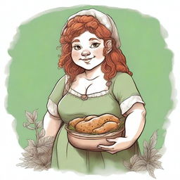 An ancient sketch style image of a female gnome Druid with green eyes, a rosy complexion, very large covered breasts, a short and fat body, and red curly hair pinned up