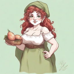 An ancient sketch style image of a female gnome Druid with green eyes, a rosy complexion, very large covered breasts, a short and fat body, and red curly hair pinned up