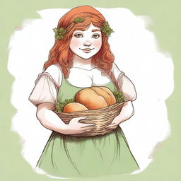 An ancient sketch style image of a female gnome Druid with green eyes, a rosy complexion, very large covered breasts, a short and fat body, and red curly hair pinned up