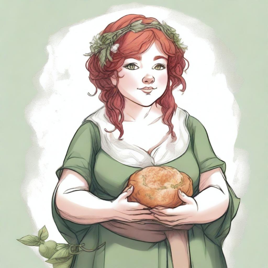 An ancient sketch style image of a female gnome Druid with green eyes, a rosy complexion, very large covered breasts, a short and fat body, and red curly hair pinned up