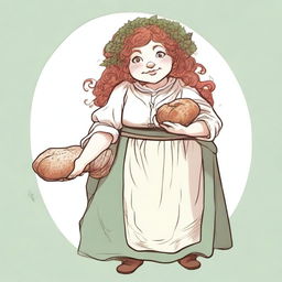 An ancient sketch style image of a female gnome Druid with green eyes, a rosy complexion, very large covered breasts, a short and fat body, and red curly hair pinned up