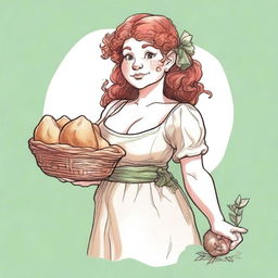 An ancient sketch style image of a female gnome Druid with green eyes, a rosy complexion, very large covered breasts, a short and fat body, and red curly hair pinned up