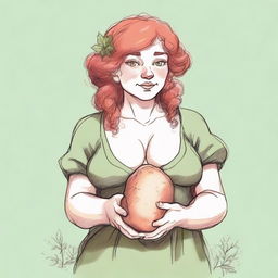 An ancient sketch style image of a female gnome Druid with green eyes, a rosy complexion, very large covered breasts, a short and fat body, and red curly hair pinned up