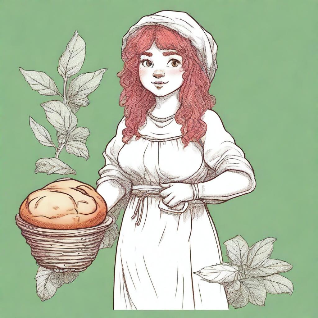 An ancient sketch style image of a female gnome Druid with green eyes, a rosy complexion, very large covered breasts, a short and fat body, and red curly hair pinned up