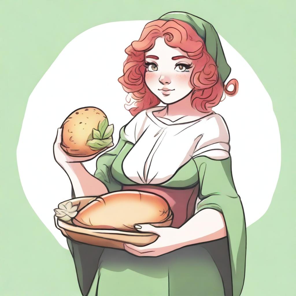 An ancient sketch style image of a female gnome Druid with green eyes, a rosy complexion, very large covered breasts, a short and fat body, and red curly hair pinned up