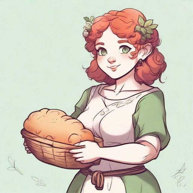 An ancient sketch style image of a female gnome Druid with green eyes, a rosy complexion, very large covered breasts, a short and fat body, and red curly hair pinned up