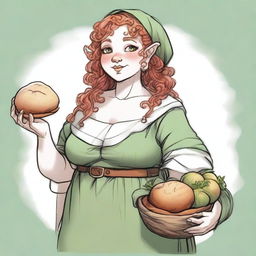 An ancient sketch style image of a female gnome Druid with green eyes, a rosy complexion, very large covered breasts, a short and fat body, and red curly hair pinned up