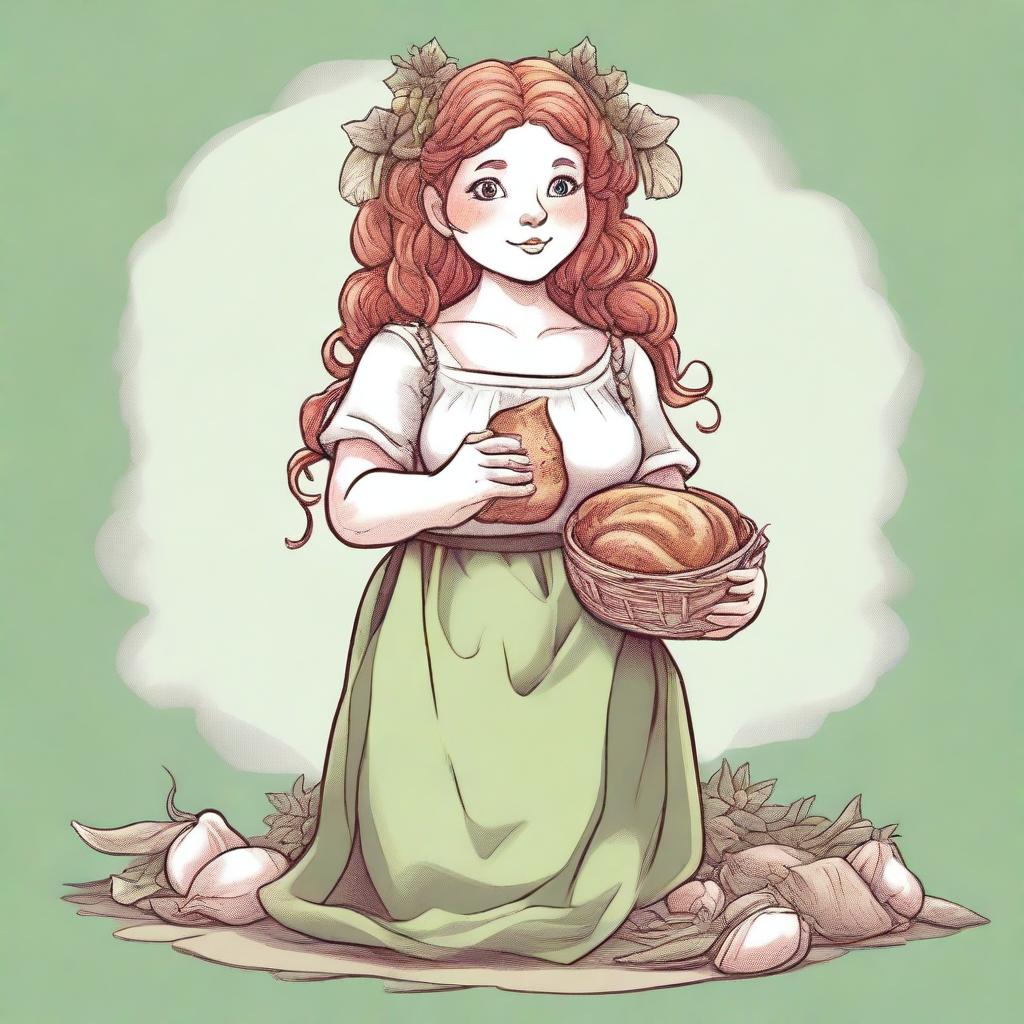 An ancient sketch style image of a female gnome Druid with green eyes, a rosy complexion, very large covered breasts, a short and fat body, and red curly hair pinned up