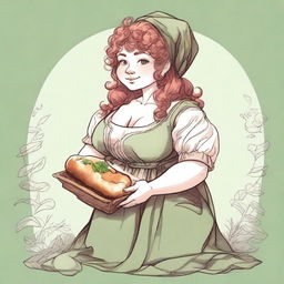 An ancient sketch style image of a female gnome Druid with green eyes, a rosy complexion, very large covered breasts, a short and fat body, and red curly hair pinned up