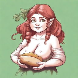 An ancient sketch style image of a female gnome Druid with green eyes, a rosy complexion, very large covered breasts, a short and fat body, and red curly hair pinned up