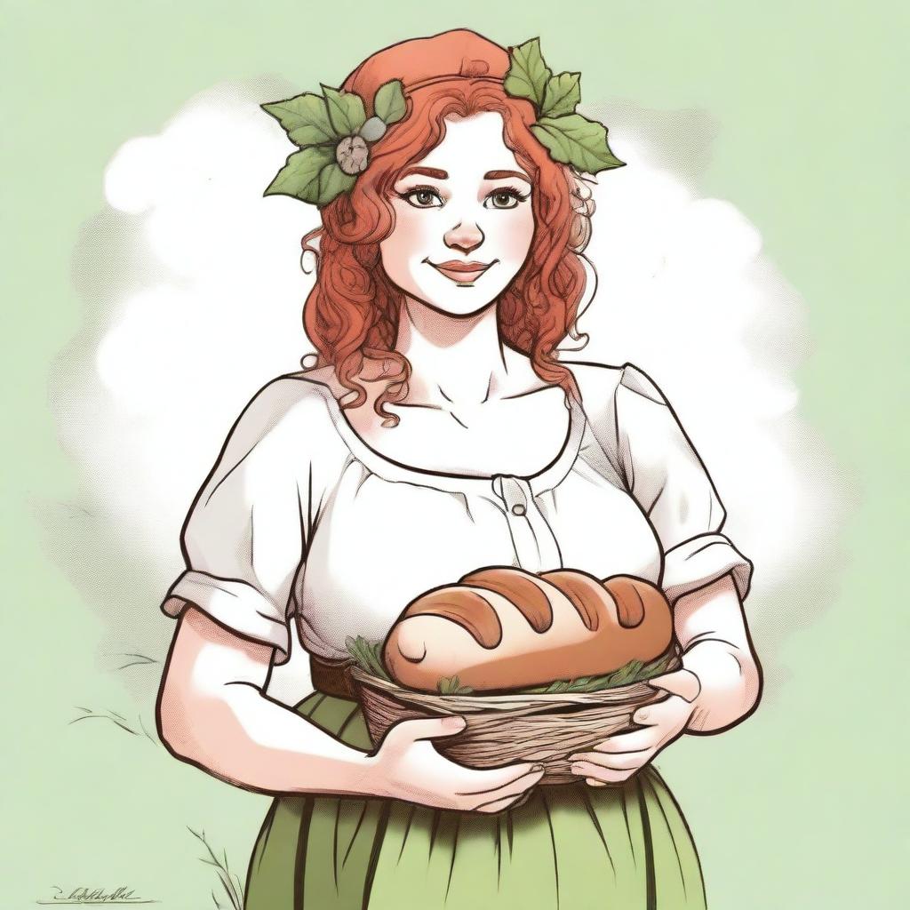 An ancient sketch style image of a female gnome Druid with green eyes, a rosy complexion, very large covered breasts, a short and fat body, and red curly hair pinned up