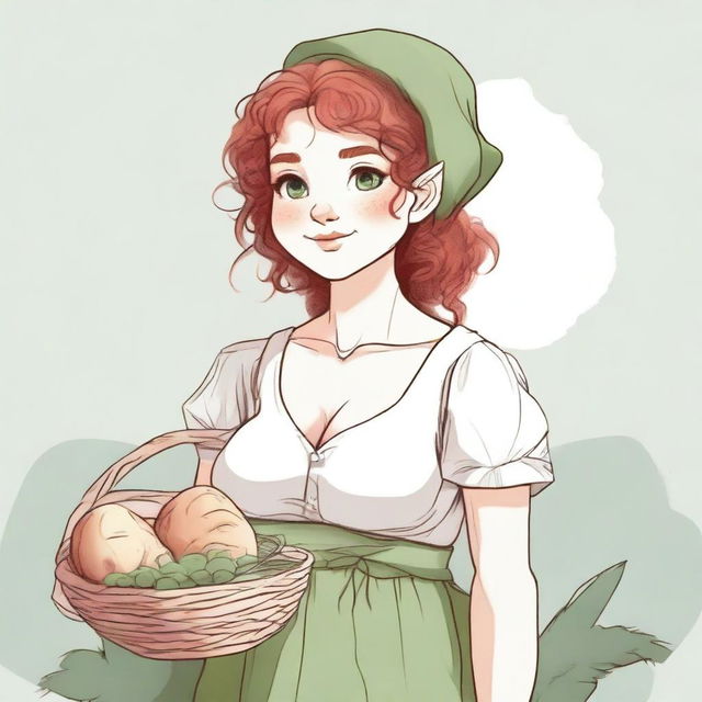 An ancient sketch style image of a female gnome Druid with green eyes, a rosy complexion, very large covered breasts, a short and fat body, and red curly hair pinned up