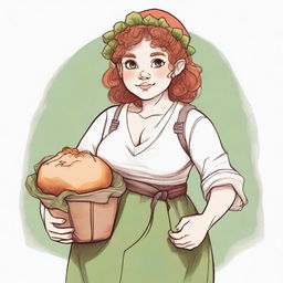 An ancient sketch style image of a female gnome Druid with green eyes, a rosy complexion, very large covered breasts, a short and fat body, and red curly hair pinned up