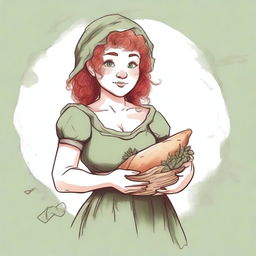 An ancient sketch style image of a female gnome Druid with green eyes, a rosy complexion, very large covered breasts, a short and fat body, and red curly hair pinned up