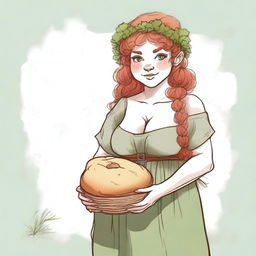 An ancient sketch style image of a female gnome Druid with green eyes, a rosy complexion, very large covered breasts, a short and fat body, and red curly hair pinned up