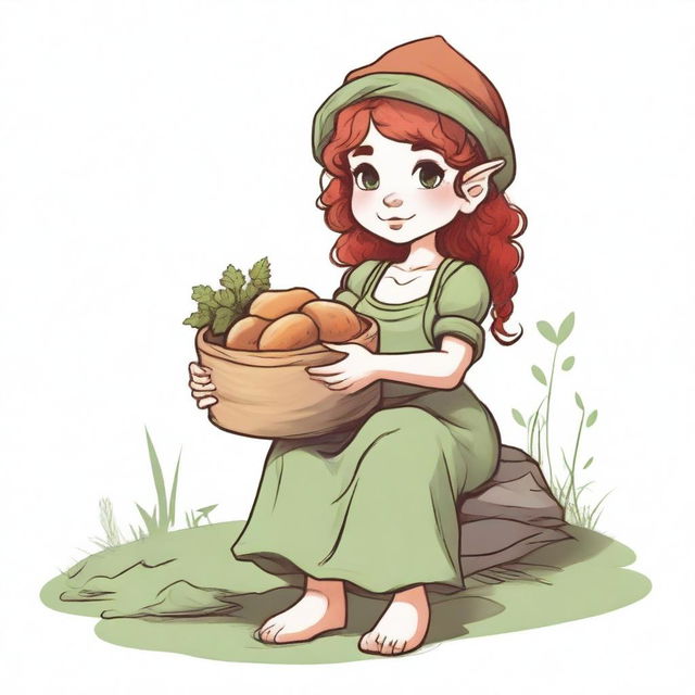 An ancient sketch style image of a female gnome Druid with green eyes, a rosy complexion, very large covered breasts, a short and fat body, and red curly hair pinned up