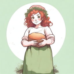 An ancient sketch style image of a female gnome Druid with green eyes, a rosy complexion, very large covered breasts, a short and fat body, and red curly hair pinned up