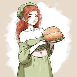 An ancient sketch style image of a female gnome Druid with green eyes, a rosy complexion, very large covered breasts, a short and fat body, and red curly hair pinned up