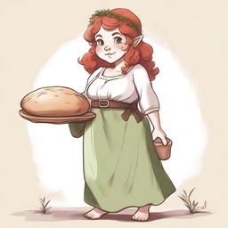 An ancient sketch style image of a female gnome Druid with green eyes, a rosy complexion, very large covered breasts, a short and fat body, and red curly hair pinned up